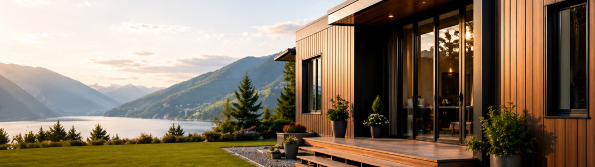 Modern house exterior with wood grain metal siding panels beside lake and mountain landscape