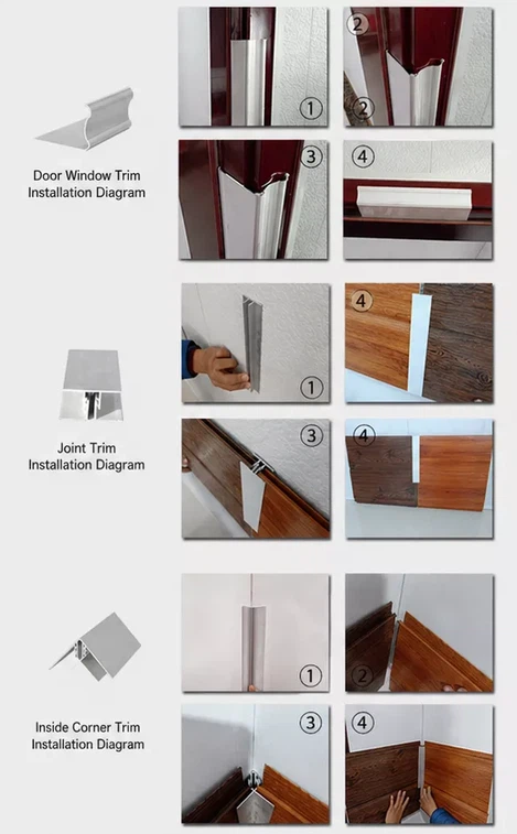 Insulated metal wall panel installation diagrams for door window trim, joint trim and inside corner trim system Insulated metal wall panel installation diagrams for door window trim, joint trim and inside corner trim system